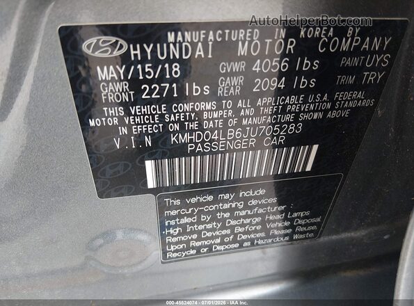 KMHD04LB6JU705283 2018 HYUNDAI ELANTRA Gray Вид підкапотного простору