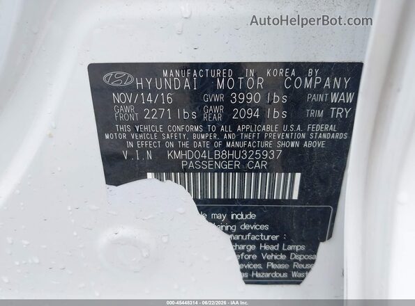 KMHD04LB8HU325937 2017 HYUNDAI ELANTRA White Вид підкапотного простору