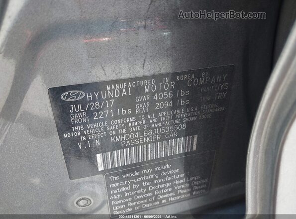 KMHD04LB8JU535508 2018 HYUNDAI ELANTRA Серый 