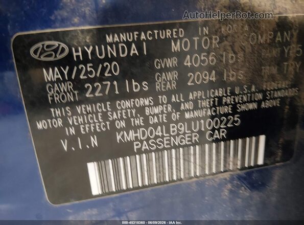 KMHD04LB9LU100225 2020 HYUNDAI ELANTRA Blue Engine compartment view