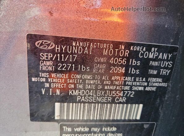 KMHD04LBXJU554772 2018 HYUNDAI ELANTRA Black VIN კოდის სტიკერის ხედი