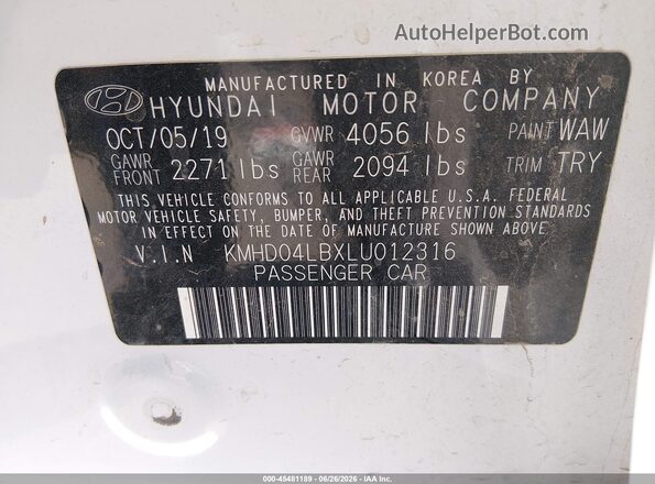 KMHD04LBXLU012316 2020 HYUNDAI ELANTRA Белый Вид подкапотного пространства