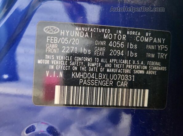 KMHD04LBXLU070331 2020 HYUNDAI ELANTRA Blue Вид підкапотного простору