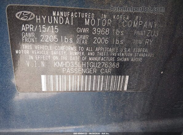 KMHD35LH1GU276368 2016 HYUNDAI ELANTRA GT Blue Vista del compartimento del motor