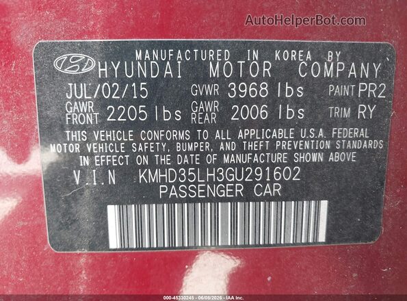 KMHD35LH3GU291602 2016 HYUNDAI ELANTRA GT Red Շարժիչի բաժամունքի տեսք