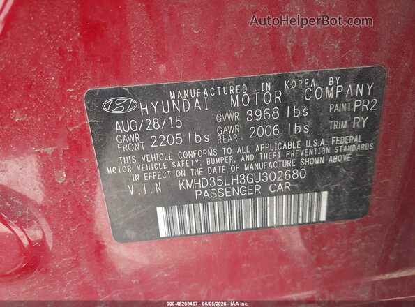 KMHD35LH3GU302680 2016 HYUNDAI ELANTRA GT Red ძრავის განყოფილების ხედი