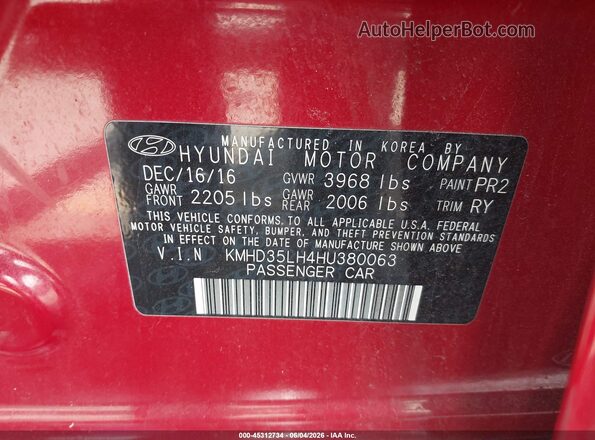 KMHD35LH4HU380063 2017 HYUNDAI ELANTRA GT Red Engine compartment view