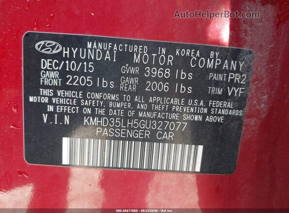 KMHD35LH5GU327077 2016 HYUNDAI ELANTRA GT Red Շարժիչի բաժամունքի տեսք