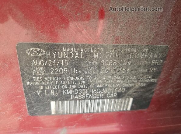KMHD35LH8GU301640 2016 HYUNDAI ELANTRA Red 