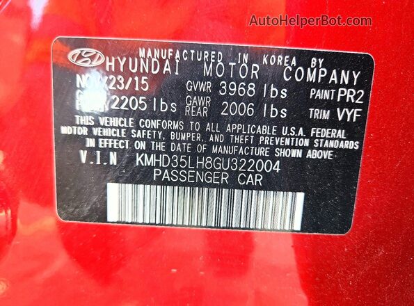 KMHD35LH8GU322004 2016 HYUNDAI ELANTRA Red 