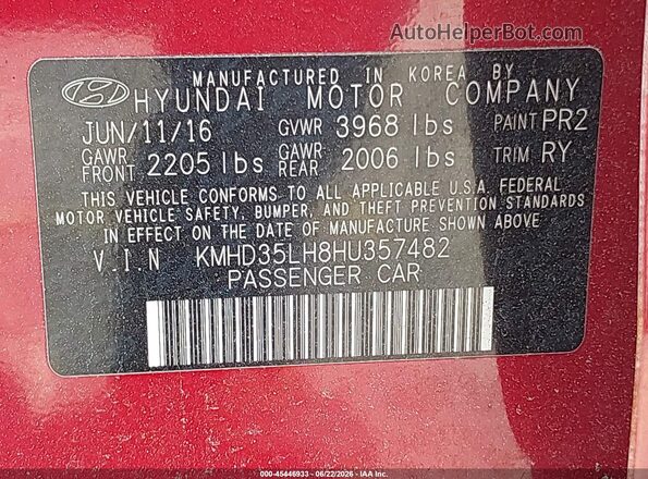 KMHD35LH8HU357482 2017 HYUNDAI ELANTRA GT Red Շարժիչի բաժամունքի տեսք