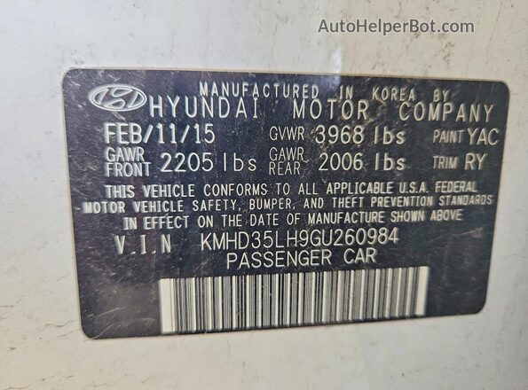 KMHD35LH9GU260984 2016 HYUNDAI ELANTRA White Widok naklejki z numerem VIN