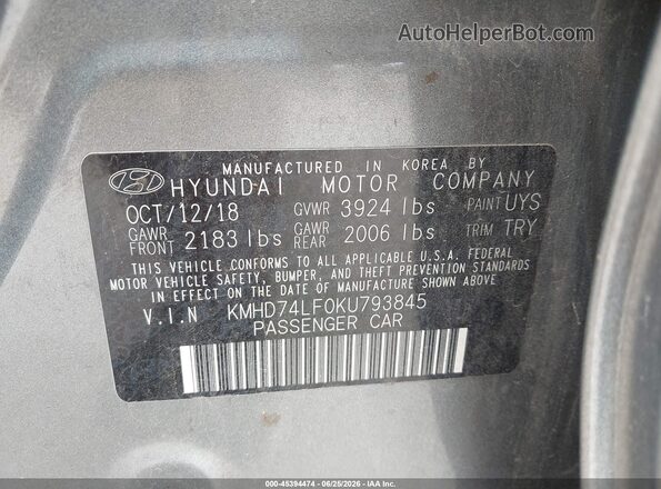 KMHD74LF0KU793845 2019 HYUNDAI ELANTRA Gray Vista del compartimento del motor