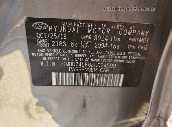 KMHD74LF0LU024599 2020 HYUNDAI ELANTRA Gray Engine compartment view