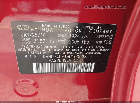 KMHD74LF1HU103593 2017 HYUNDAI ELANTRA Red ძრავის განყოფილების ხედი