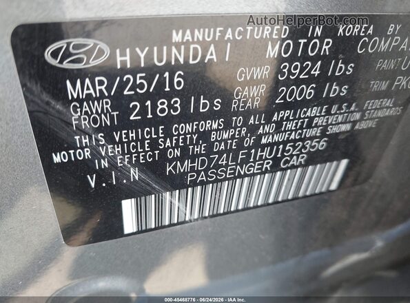 KMHD74LF1HU152356 2017 HYUNDAI ELANTRA Gray Widok komory silnika