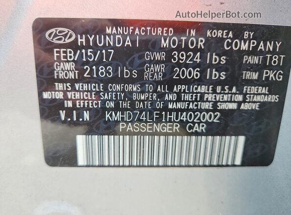 KMHD74LF1HU402002 2017 HYUNDAI ELANTRA Silver Widok komory silnika