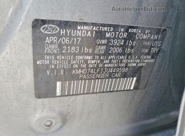 KMHD74LF1JU449598 2018 HYUNDAI ELANTRA Gray 