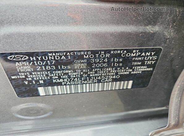 KMHD74LF1JU452940 2018 HYUNDAI ELANTRA Gray Vista del compartimento del motor