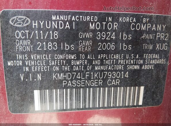 KMHD74LF1KU793014 2019 HYUNDAI ELANTRA Red Вид підкапотного простору