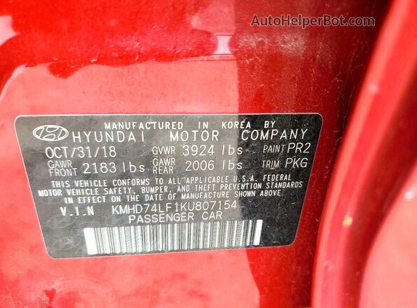 KMHD74LF1KU807154 2019 HYUNDAI ELANTRA Red ძრავის განყოფილების ხედი