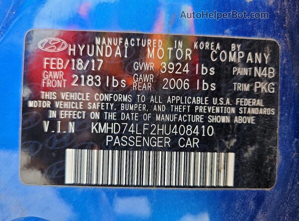 KMHD74LF2HU408410 2017 HYUNDAI ELANTRA Blue VIN კოდის სტიკერის ხედი
