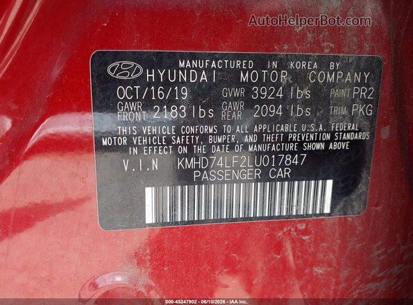 KMHD74LF2LU017847 2020 HYUNDAI ELANTRA Red Widok komory silnika