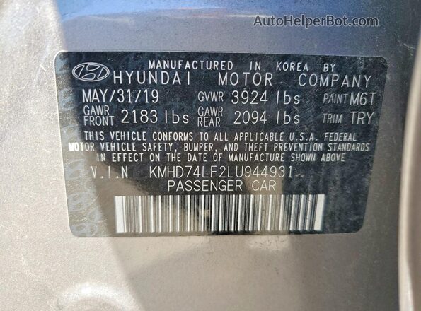 KMHD74LF2LU944931 2020 HYUNDAI ELANTRA Gray 