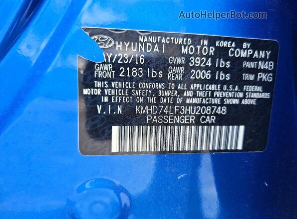 KMHD74LF3HU208748 2017 HYUNDAI ELANTRA Blue 