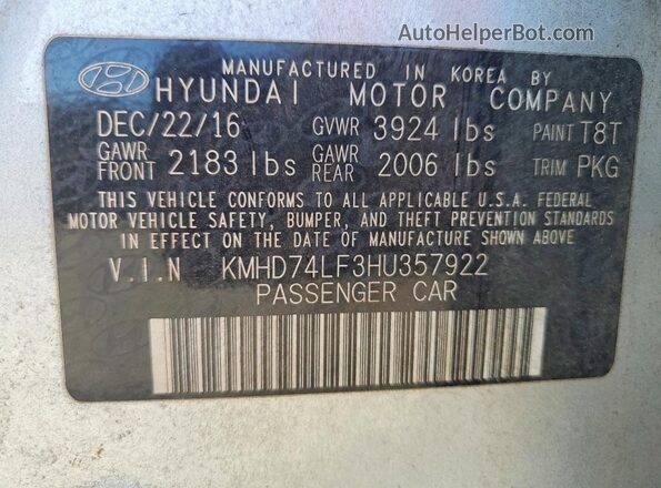 KMHD74LF3HU357922 2017 HYUNDAI ELANTRA Silver 