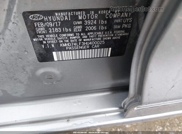 KMHD74LF3HU400025 2017 HYUNDAI ELANTRA Серый Вид подкапотного пространства