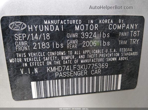KMHD74LF3KU775369 2019 HYUNDAI ELANTRA Silver Vista del compartimento del motor