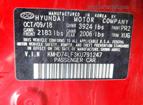 KMHD74LF3KU791247 2019 HYUNDAI ELANTRA Red ძრავის განყოფილების ხედი