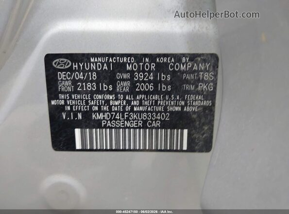 KMHD74LF3KU833402 2019 HYUNDAI ELANTRA Серебряный 