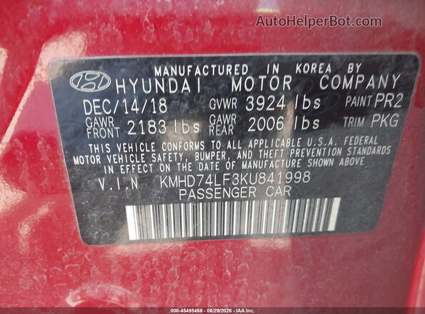 KMHD74LF3KU841998 2019 HYUNDAI ELANTRA Red Widok komory silnika