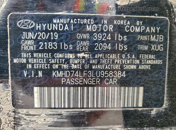 KMHD74LF3LU958384 2020 HYUNDAI ELANTRA Black Vista de la etiqueta del VIN