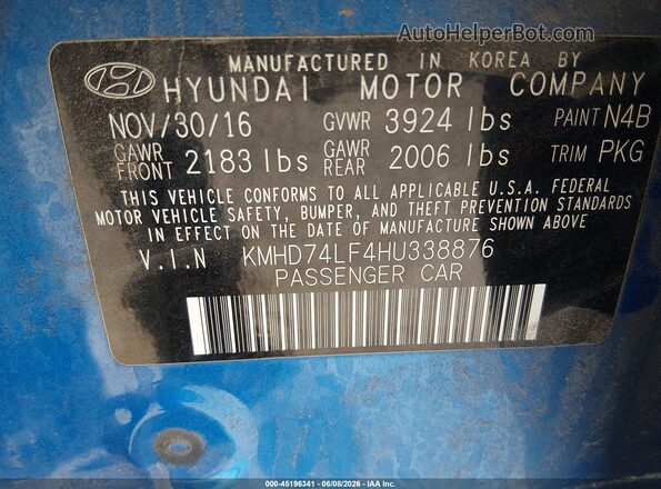 KMHD74LF4HU338876 2017 HYUNDAI ELANTRA Blue 
