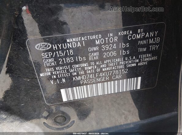 KMHD74LF4KU778152 2019 HYUNDAI ELANTRA Black 