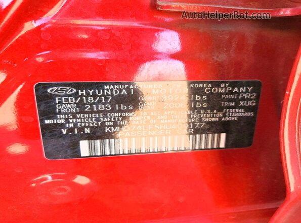 KMHD74LF5HU409177 2017 HYUNDAI ELANTRA Red Widok naklejki z numerem VIN