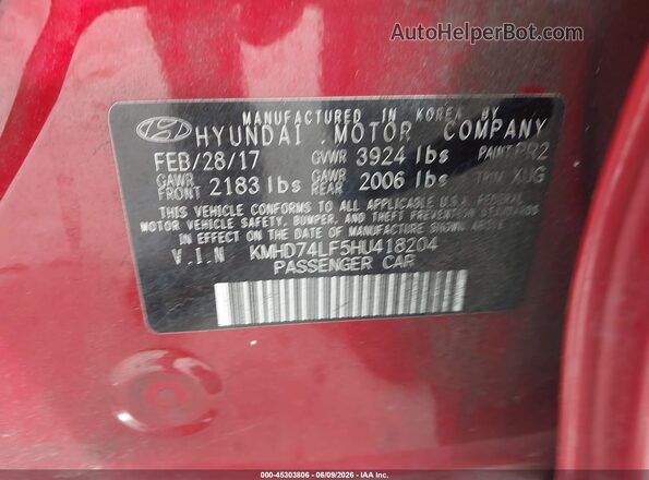 KMHD74LF5HU418204 2017 HYUNDAI ELANTRA Red Engine compartment view