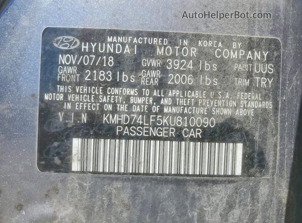KMHD74LF5KU810090 2019 HYUNDAI ELANTRA Gray ძრავის განყოფილების ხედი