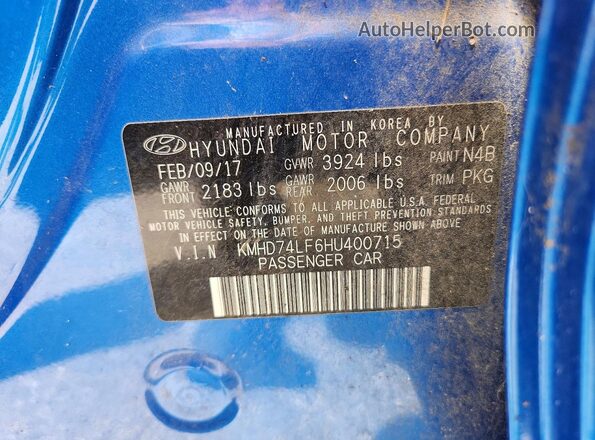 KMHD74LF6HU400715 2017 HYUNDAI ELANTRA Blue Vista del compartimento del motor