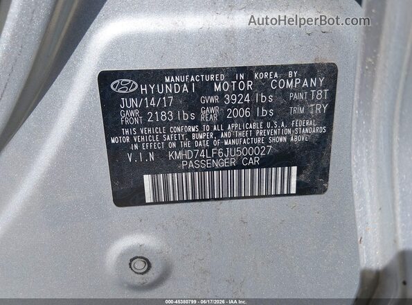 KMHD74LF6JU500027 2018 HYUNDAI ELANTRA Silver Vista del compartimento del motor