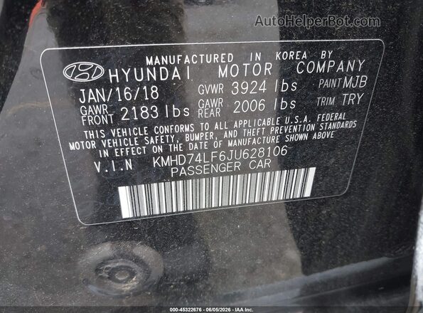 KMHD74LF6JU628106 2018 HYUNDAI ELANTRA Черный Вид подкапотного пространства