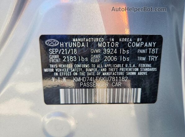KMHD74LF6KU781182 2019 HYUNDAI ELANTRA Синий Вид подкапотного пространства