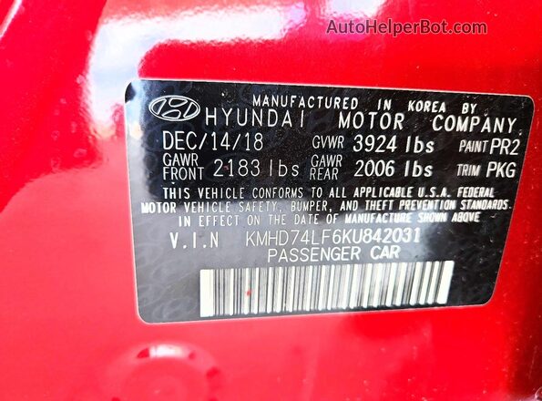 KMHD74LF6KU842031 2019 HYUNDAI ELANTRA Red Вид підкапотного простору