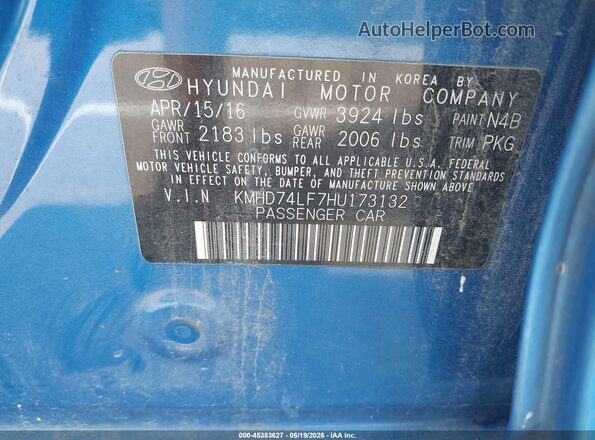 KMHD74LF7HU173132 2017 HYUNDAI ELANTRA Blue Вид підкапотного простору