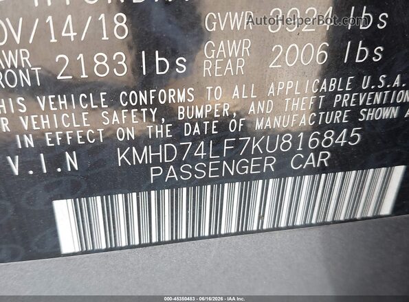 KMHD74LF7KU816845 2019 HYUNDAI ELANTRA Gray Vista del compartimento del motor