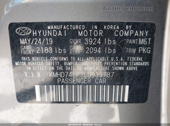 KMHD74LF7LU939787 2020 HYUNDAI ELANTRA Gray ძრავის განყოფილების ხედი