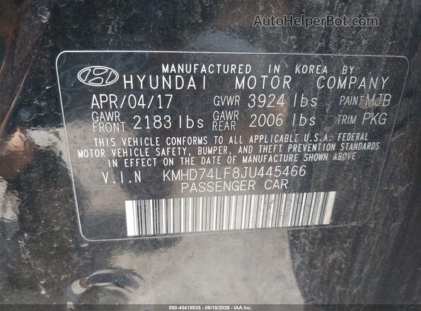 KMHD74LF8JU445466 2018 HYUNDAI ELANTRA Black Engine compartment view